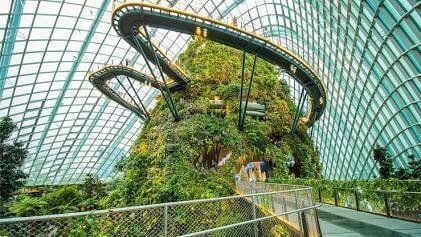 Indoor mountain and waterfall inside the Cloud Forest dome at Gardens by the Bay