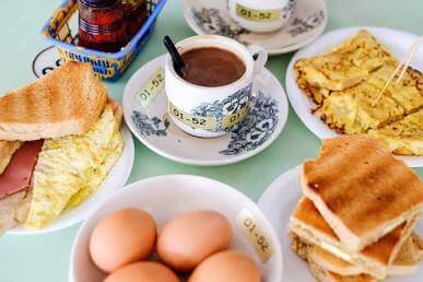 Kaya toast breakfast set with soft boiled eggs and hot kopi